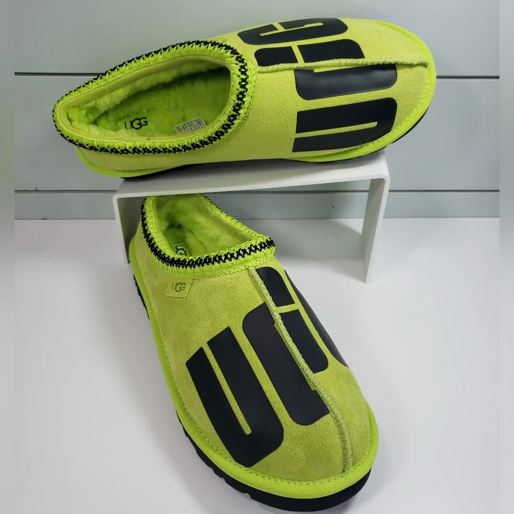 UGG Tasman Chopd Key Lime Black Neon Green Suede Wool Slippers Size Men's 11